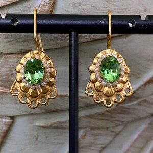 Vintage Green Crystal Gold Tone Tiny Pearl Earrings